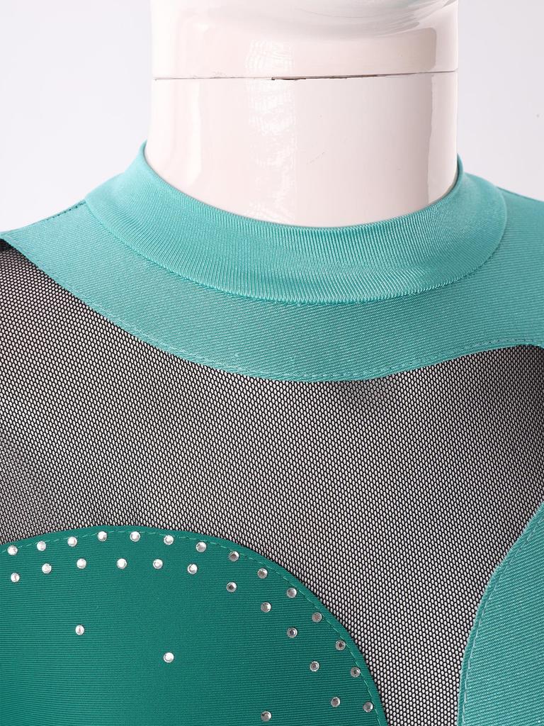 Детский комбинезон с круглым воротником и длинными рукавами для девочек, блестящий декор со стразами и открытой спиной, купальник для балета и танцев, комбинезон для катания на коньках