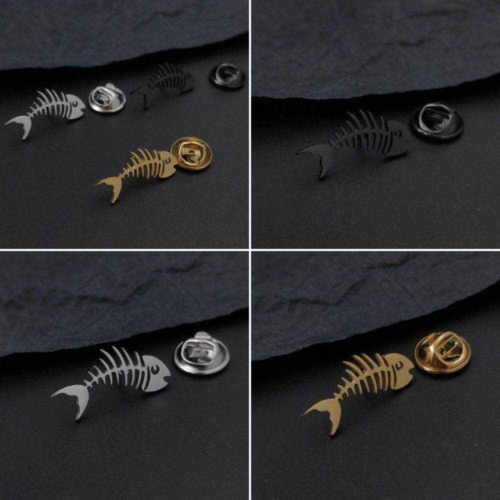 Stainless Steel Men's Collar Brooch Hollow Design Fish Skeleton Lapel Pin Formal Wear