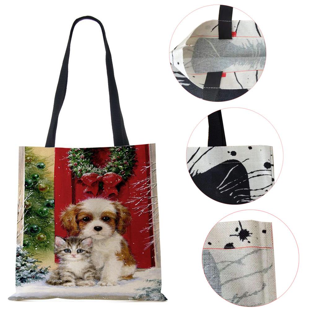 Рождественская елка Подарок Харадзюку Холщовая сумка-шоппер Рождественская собака Женская многоразовая сумка через плечо Большая вместимость Складная сумка для хранения KTY