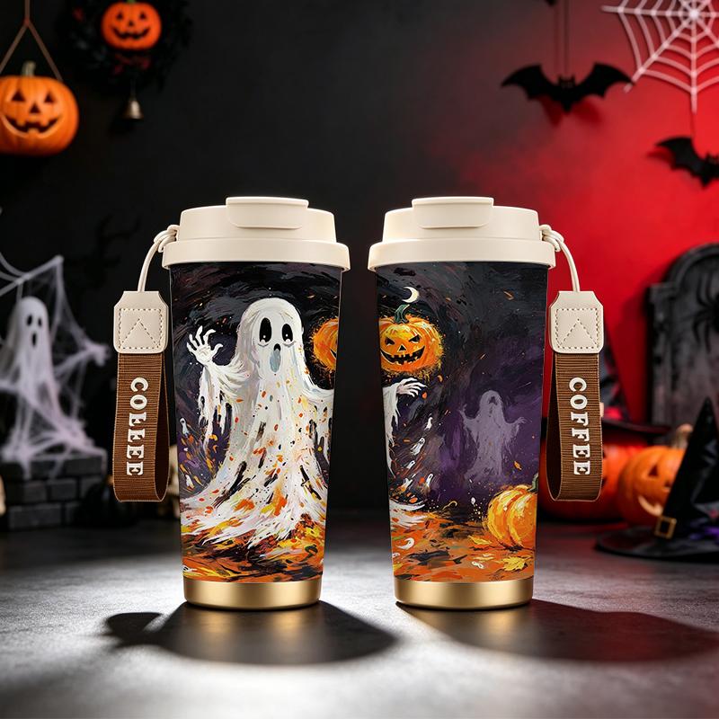 Halloween Coffee Cup 532ml Ink Ghost Pumpkin MotifFlip Lid Coffee Cup Outdoor Water Cup Large Capacity Tea Cup