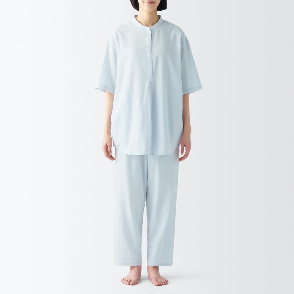 MUJI Тонкая марлевая пижама с коротким рукавом без боковых швов FD1JHA4S Светло-голубая полоска S Женская Женская Женская