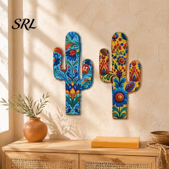 Bohemian Wooden Hanging Ornaments 2Pcs Cactus Wall Decor, Western Home Farmhouse Mexican Unique Holiday Gifts for Friends Art Living Room Bedroom