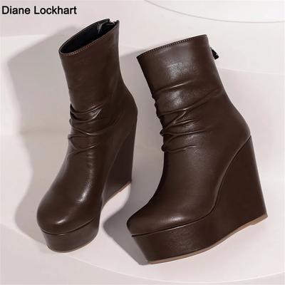 Модные ботильоны на танкетке Женские зимние осенние туфли Модные туфли на платформе из искусственной кожи Женские короткие ботинки Сексуальные туфли на высоком каблуке Черные туфли Женские