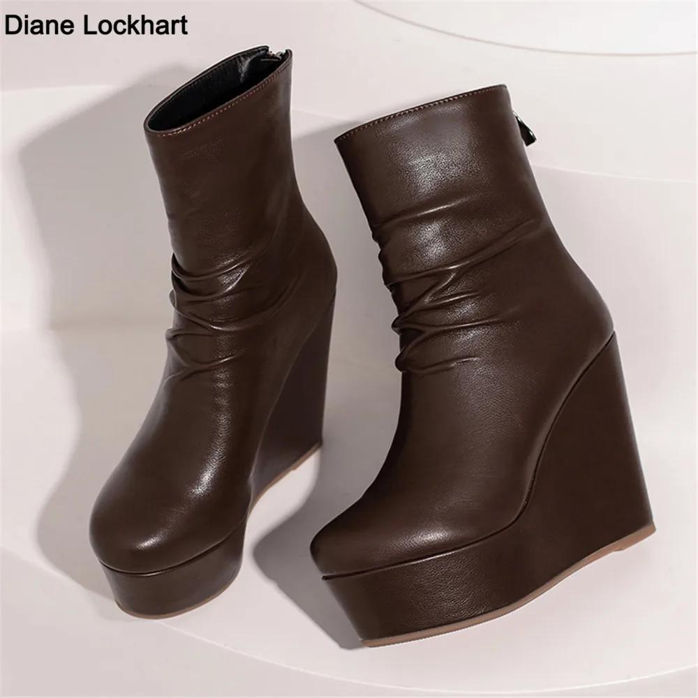 Модні танкетки черевики до щиколотки Жіноче зимове осіннє взуття Модні жіночі короткі чоботи на платформі зі штучної шкіри Сексуальні високі підбори Чорне взуття Жіноче