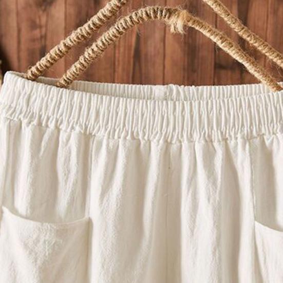Elastic Waist Wide Leg Harem Pants Women Cotton Linen Casual Vintage Loose Solid Color Pockets Trousers