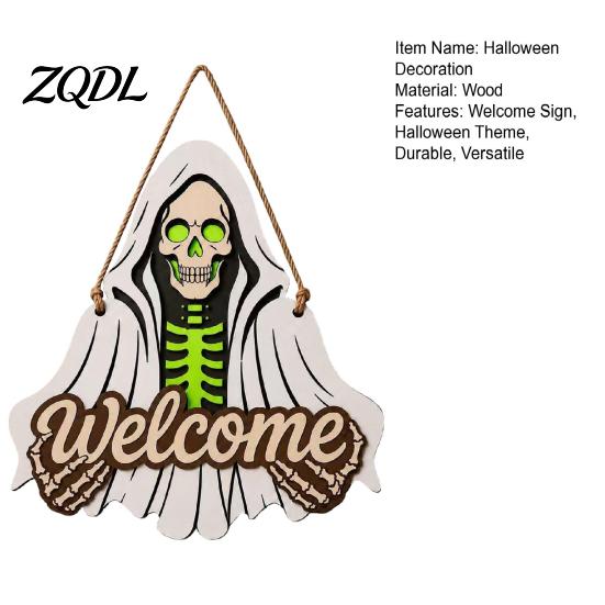 Front Porch Decoration Halloween Wooden Welcome Sign, Skeleton Reaper Irregular Door Decor, Rustic Wood Sign Wall Hanging Ornament for Home