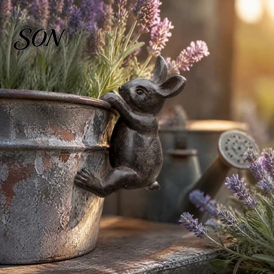 Weatherproof Resin Sculpture Black Climbing Rabbit Pot Hugger Figurine, Hanging Bunny Planter Edge Decor, Decorative Plant Accent Animal Sitter