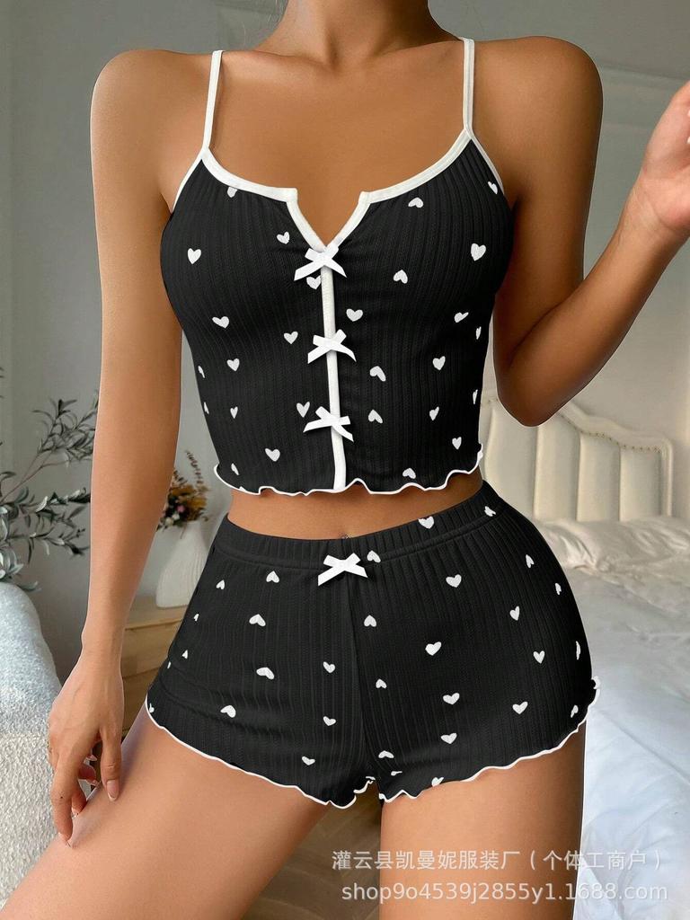 Cherry temptation hot-selling loungewear love print suspender shorts casual wear women's pajamas set