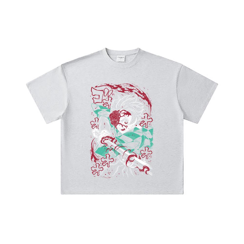 260 GSM Double Yarn 32 Count 100% Cotton Demon Slayer V41 Demon Tanjiro Print Unisex Heavy Cotton T Shirt
