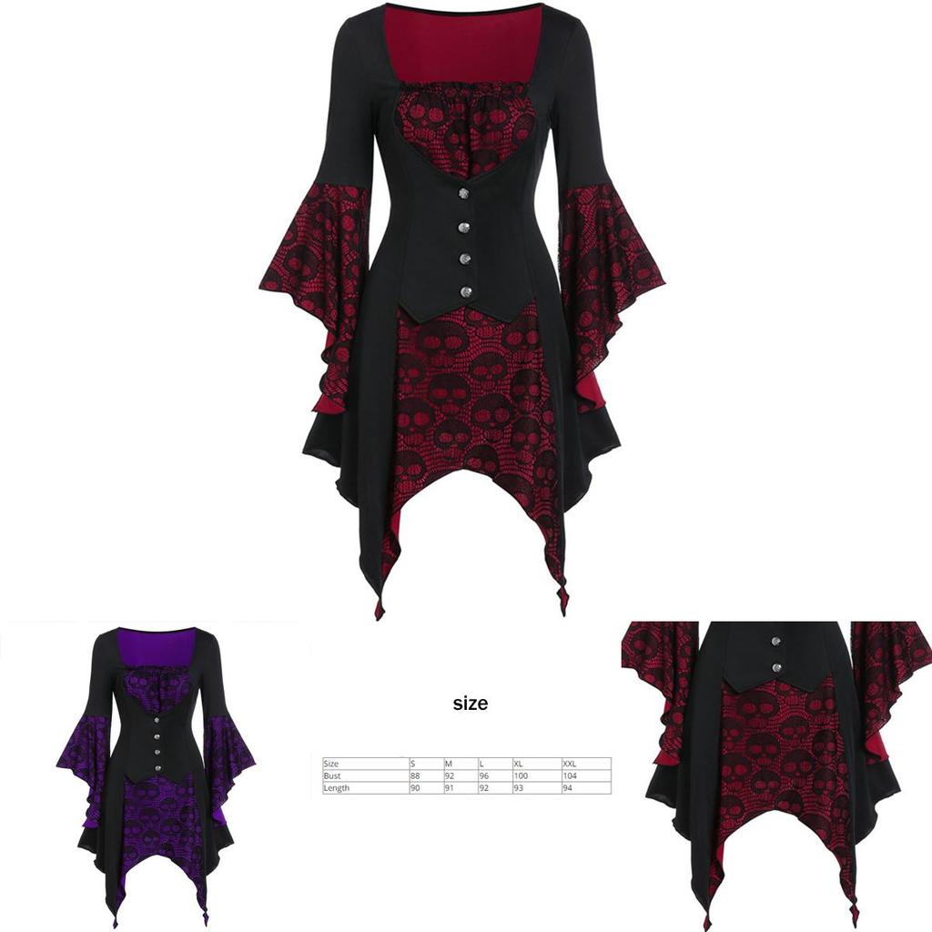 Women's Vintage Skull Head Medieval Gothic Witch Cosplay Costume Dress For Halloween Party