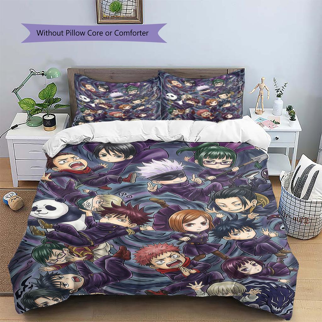 Jujutsu Kaisen Chibi Character Pattern Bedding Home Decoration Festival Gift (1 * duvet cover + 2 * pillowcase, without core)