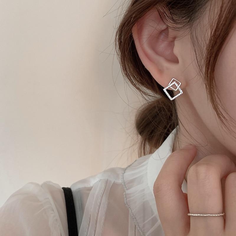 925 Sterling Silver Cubic Zircon Square Bead Charm Stud Earrings For Women Girls Lady Pendientes Jewelley Eh1338