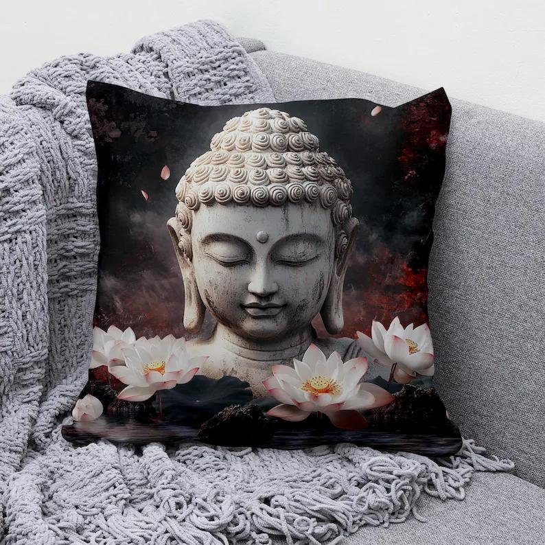 VIKAMA Buddha Statue Pillow Cover Watercolor Buddha Portrait Cushion Case For Yoga Studio Meditation Room Decor