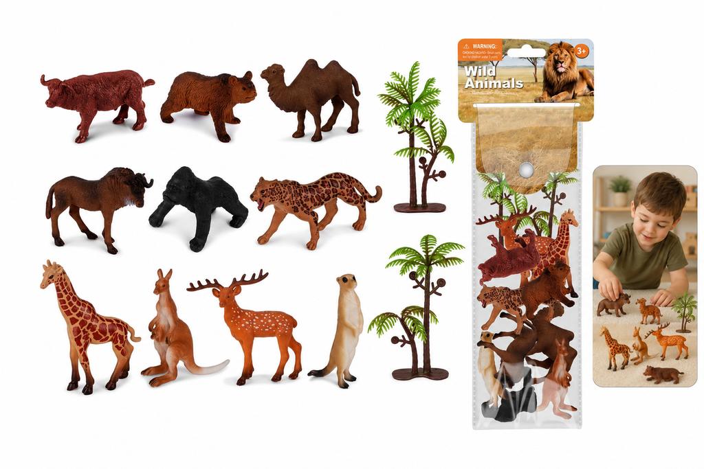 Set of 10 Wild Animal Figures + 2 Palm Trees