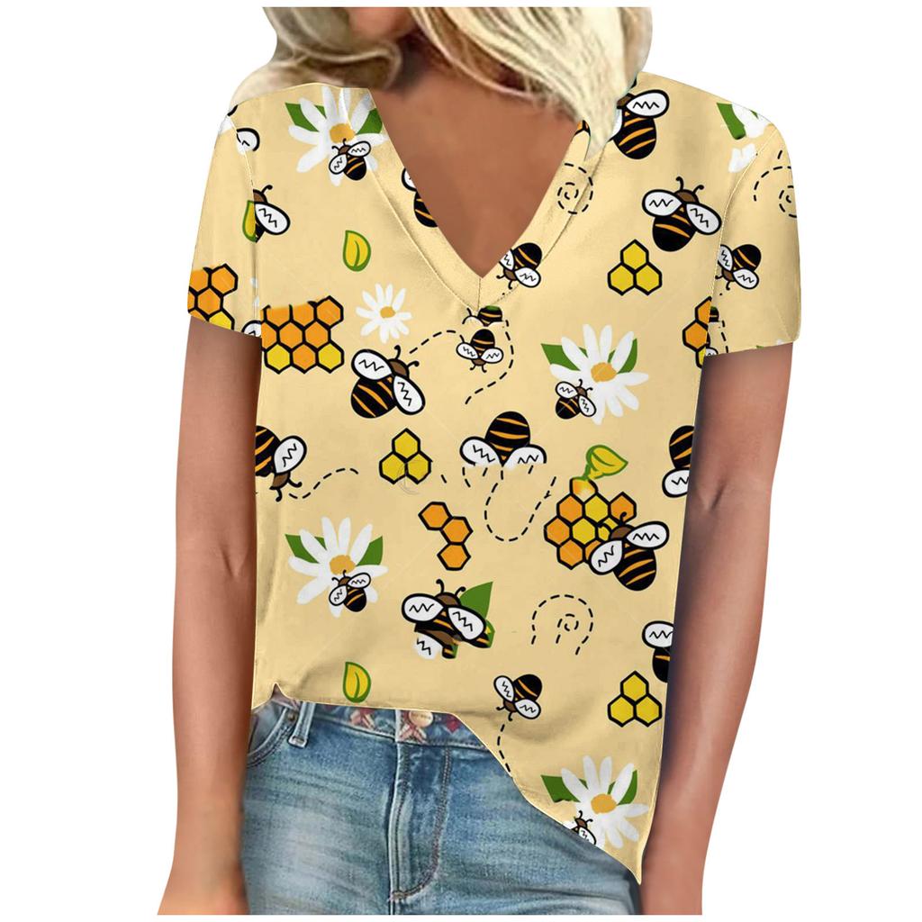 Винтажная женская футболка с принтом пчелы, с коротким рукавом, с V-образным вырезом, удобные футболки