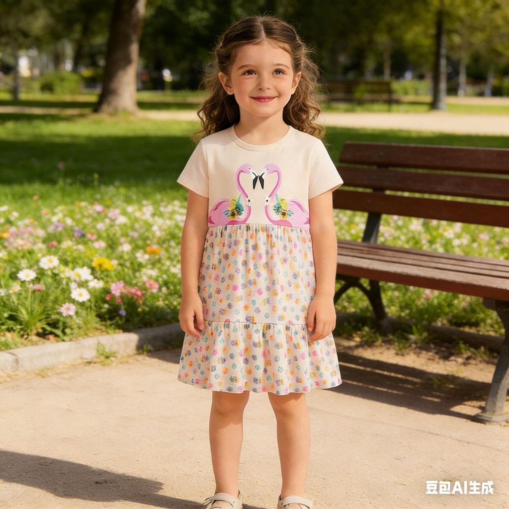 Girls Cute Printed Short Sleeve Knit Cotton Dress for Toddlers and Kids