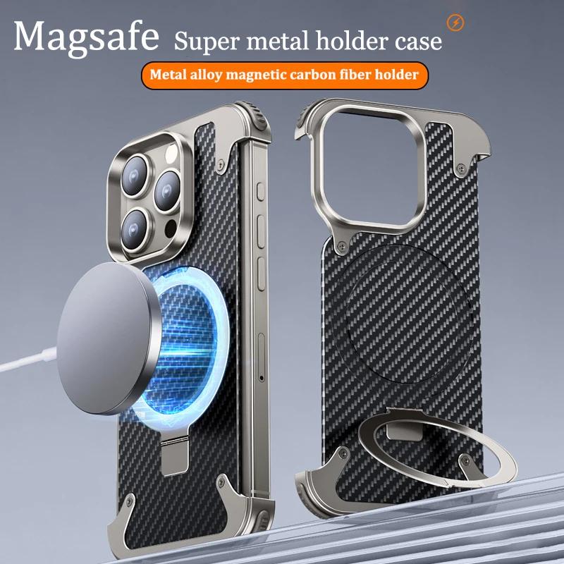 Luxury Metal Magnetic Magsafe Phone Holder Case for iPhone 16 15 14 Pro Max Aluminum Alloy Carbon Fibre Wireless Charging Cover