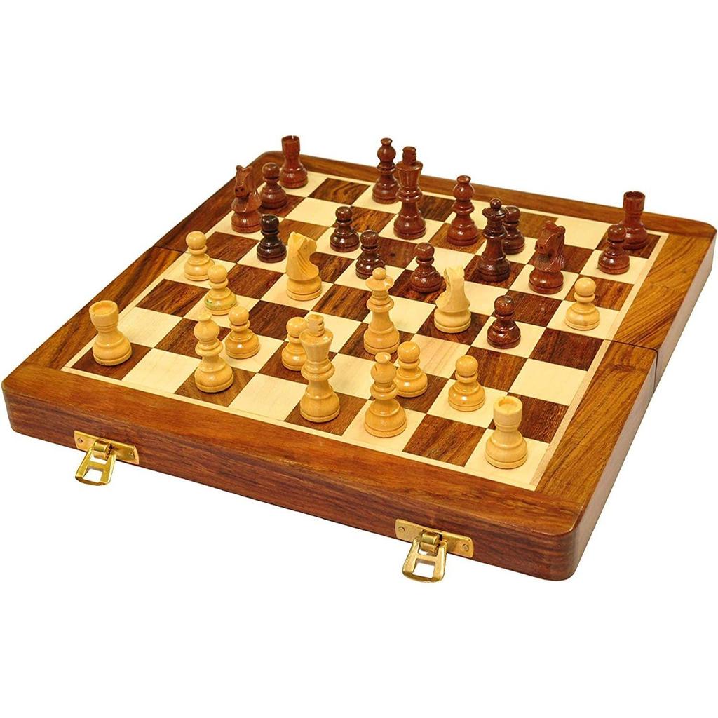 Wooden Handcrafted Foldable Magnetic Chess Board Set with Magnetic Piece and Extra Queens for 2 Players Kids and Adults (10x10 Inches, Brown).