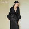 Luxury Silk Robe Women - 100% Pure Mulberry Satin Finish Ostrich Feather Trim V-Neck Lightweight Sleepwear Bridal