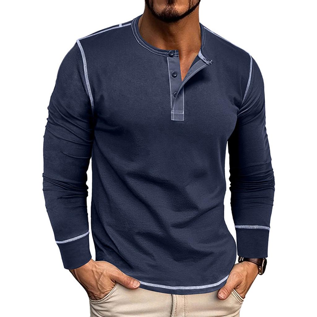 Men's Long Sleeve Shirt Men's Round Neck Button T-Shirt Color Block Top