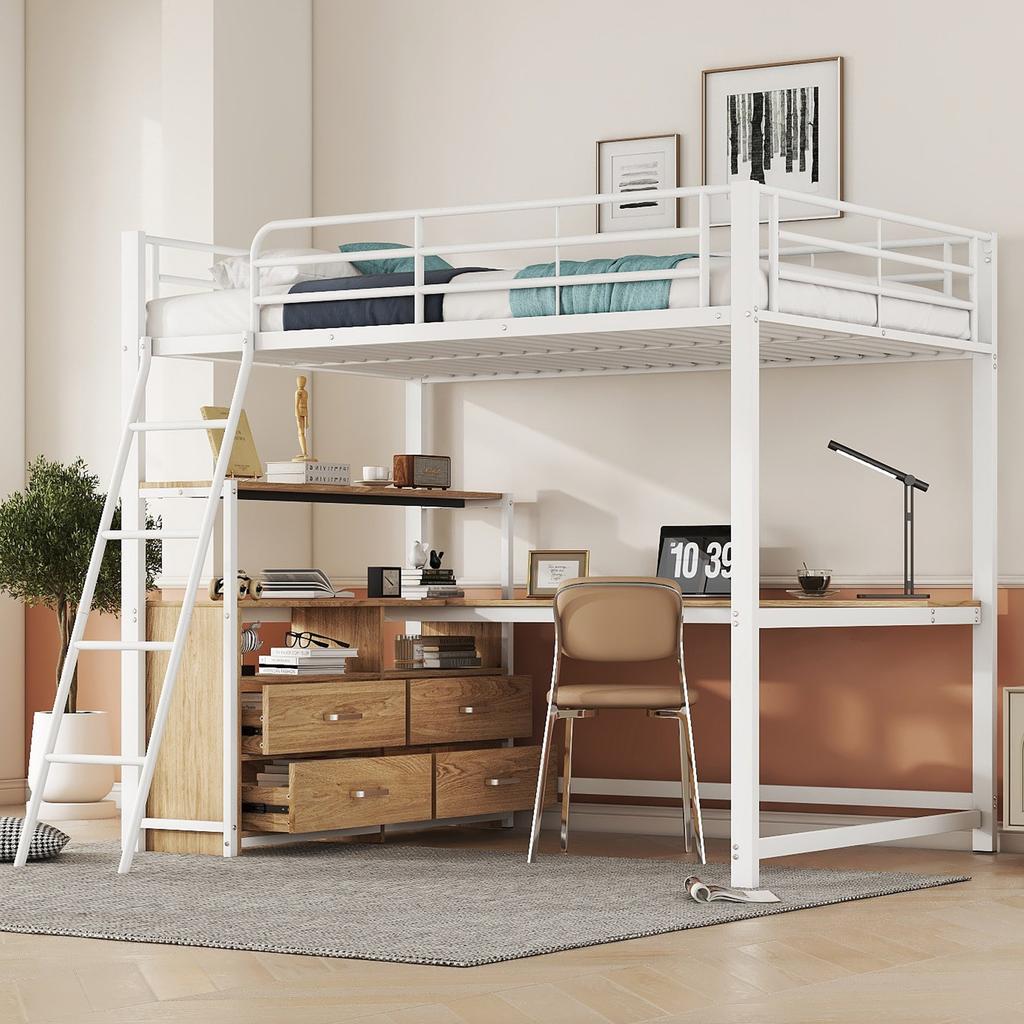 Loft Bed, 140*200cm, Iron Frame Bed, Practical Drawers, Stylish L-shaped Desk, Laminate Design, Without Mattress, White