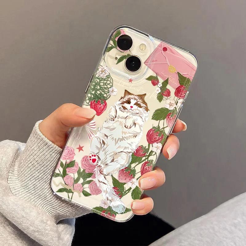 Милый Чехол-Клубничная Роза для Кошки Рэгдолл для iPhone 17 Air 16 15 14 Plus 13 12 Mini 11 Pro Max Жидкий Силикон Мягкий Чехол funda
