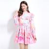 Spring Summer Women Elegant Lantern Sleeve Ruffles Mini Short Holiday Beach Dresses With Belt