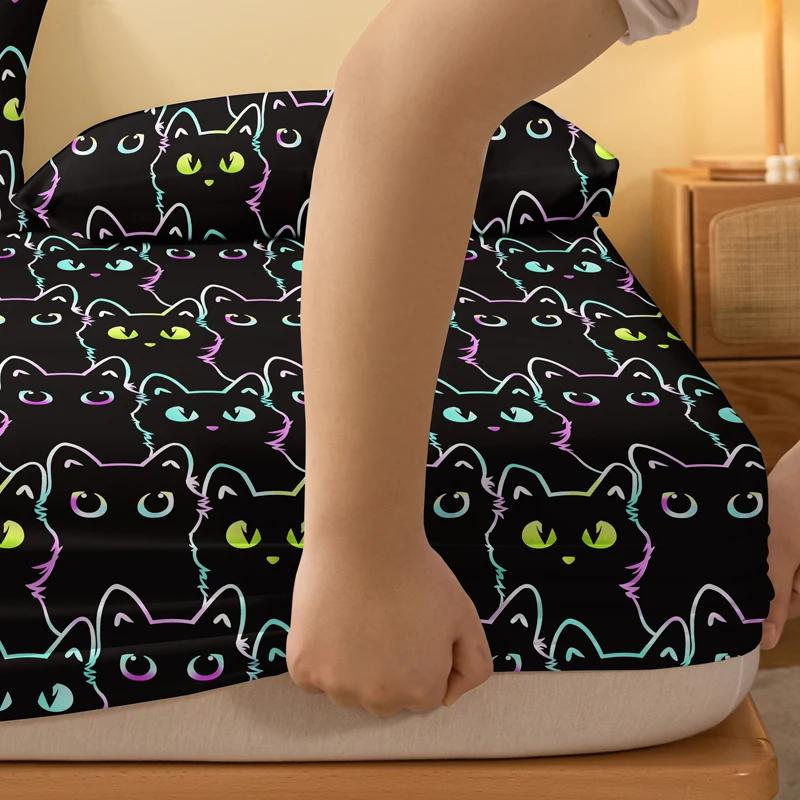 Cartoon 1 Animal Little Cat Printed Matte Fitted Sheet, Bedroom Printed Bed Cover, Bedding Excluding Pillowcases