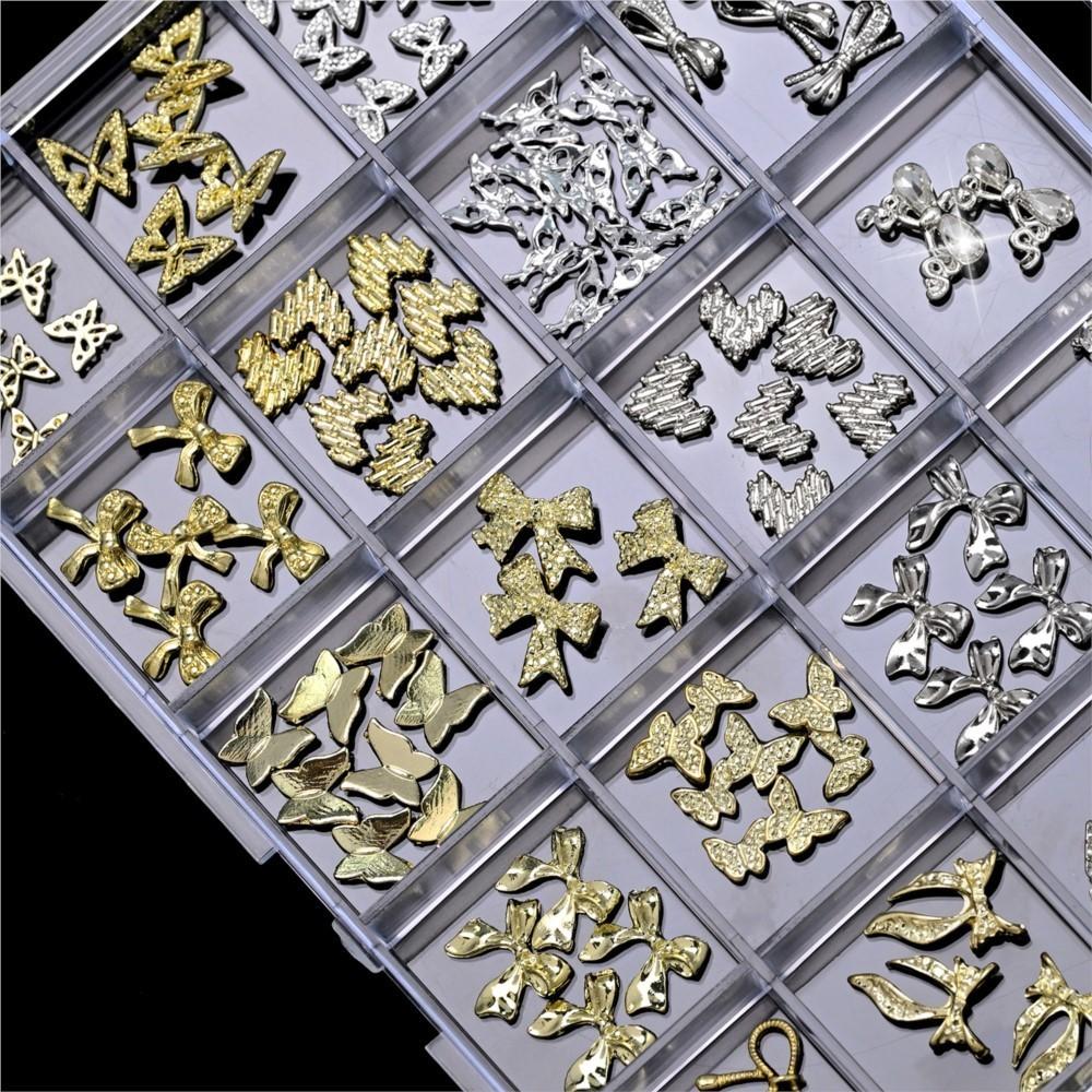 24grids Luxury Gold Silver Butterfly Bow Nail Art Gems CUte Metal Alloy Bow Ribbon Nail Art Gems Flatback Butterfly Nail Decora