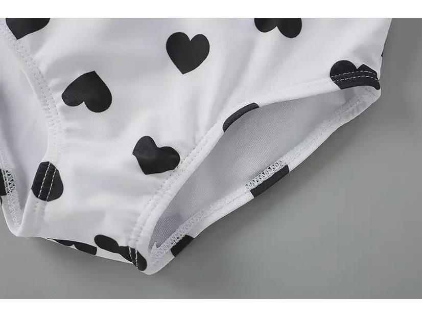 2024 Korean Girl's One-Piece Swimsuit: Black & White Heart with Bow and Lotus Leaf Sleeves.