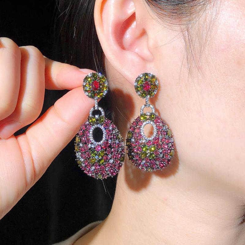 WWJ Ретро Зеленый Красный CZ Циркон Благородный Черный Золотой Цвет Висячие Серьги для Женщин