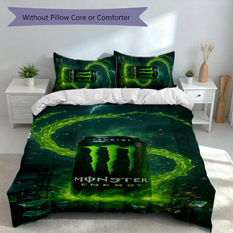 3pcs Monster Energy LOGO Duvet Cover Set, Includes 1 Duvet Cover and 2 Pillowcases,Skin-Friendly&Comfortable Fabric,Suitable Bedding Sets