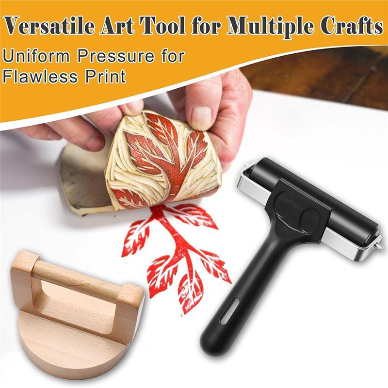 AEE4-2Pcs Wooden Block Printing Baren With Rubber Brayer Roller, Block Printing Kit For Crafting, Printing, Inking