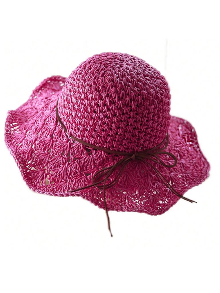 Women's Handmade Straw Panama Hat Summer Fashion Bowknot Foldable Wide Brim Sunscreen Cap for Outdoor Beach UV Protection