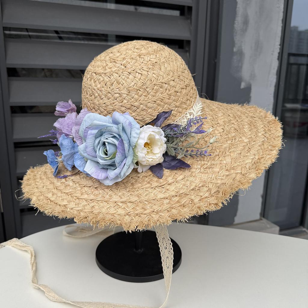 Summer French big brim sun hat women's fashion ins seaside sun protection Lafite straw hat idyllic flower sun hat