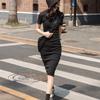Temperament Age-reducing Drawstring Waist-hugging Dress for Women's New Summer Pure Cotton Slim Fit Short Sleeves Over-the-knee Long Skirt