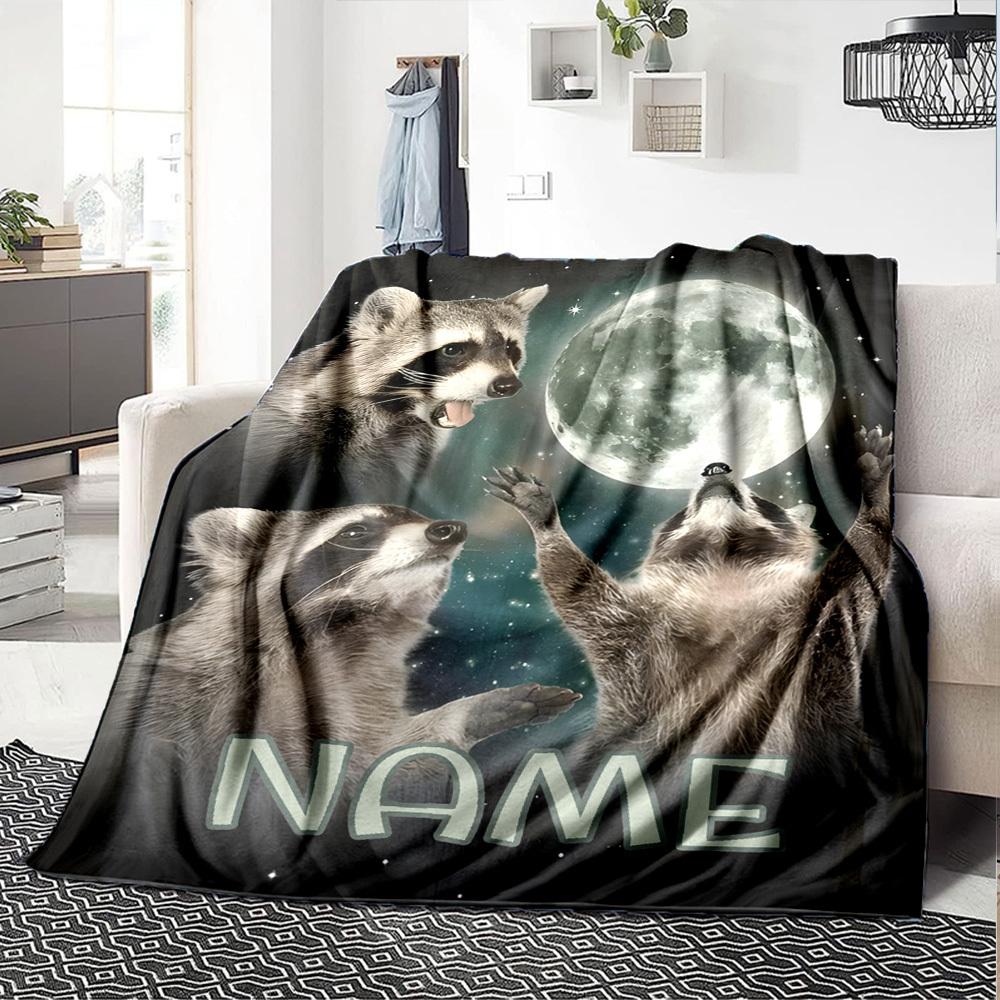Raccoons Under The Moonlight Lightweight Customizable Blanket Customize Text Comfortable Texture Perfect For Sofa Couch Office Bed Picnics Allseason
