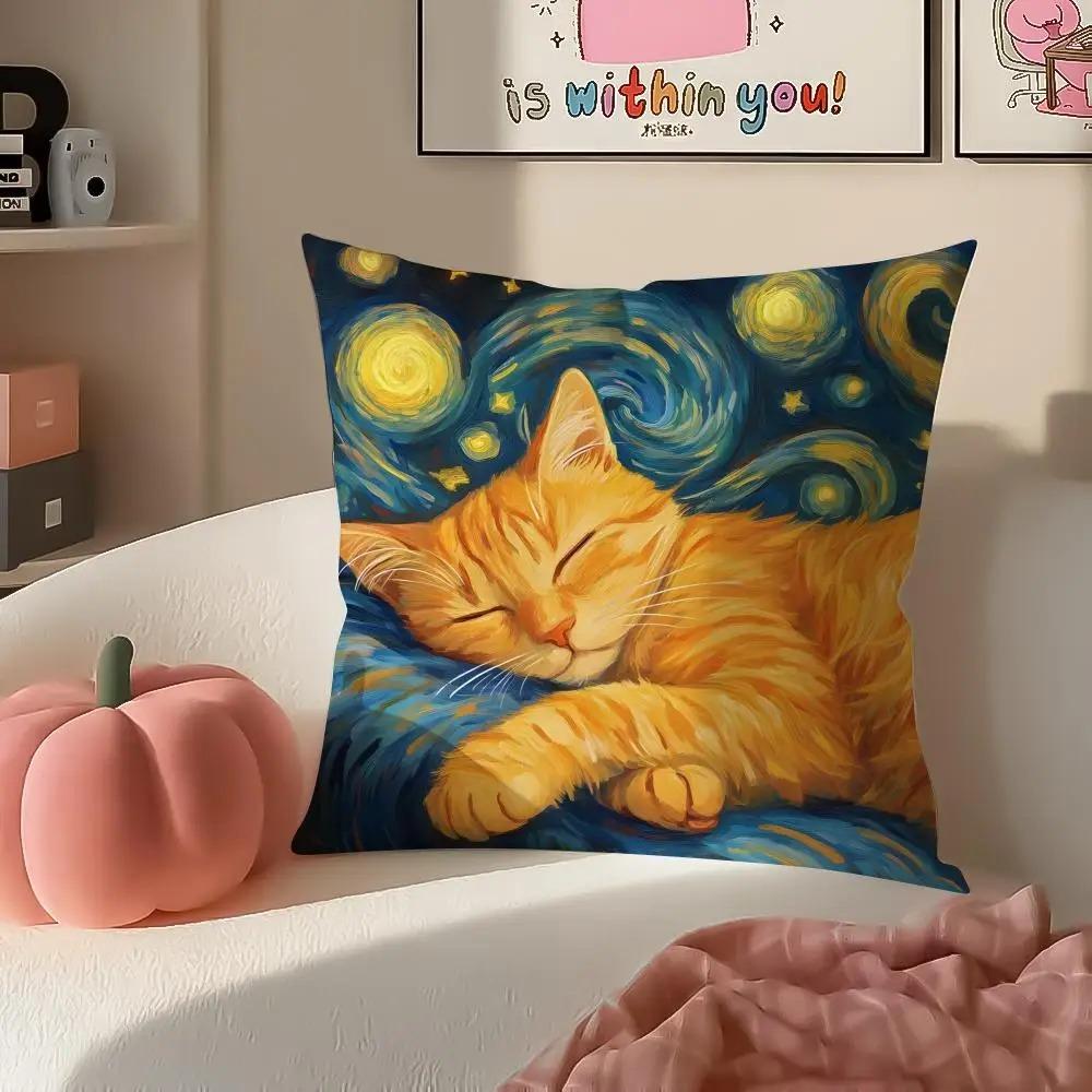 Подушка с принтом кота, масляная живопись, 2D, плоская печать, цветочные наволочки, персиковая кожа, весенняя наволочка, декор для дивана, дома, гостиной
