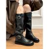 Thick-soled British Style Belt Buckle Medium Tube Stacking Boots Knight Boots Women's Retro Round Head Boots