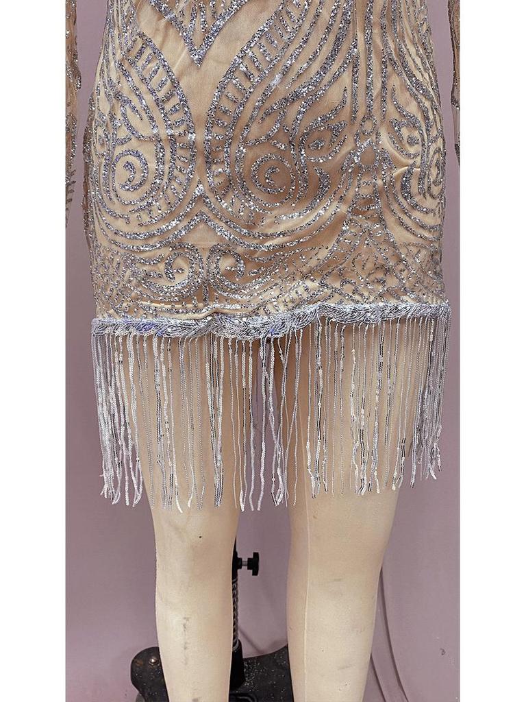 Весеннее европейское и американское платье-миди для пригородных поездок 2025 года с золотыми пайетками и кисточками