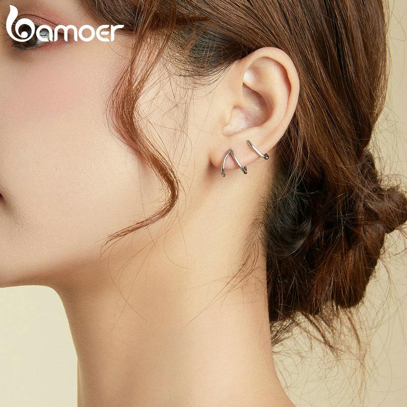 bamoer Silver 925 Simple Line Earrings Stud Earrings for Women Natural Hypoallergenic Hypoallergenic Ear Pins for Girl SCE986