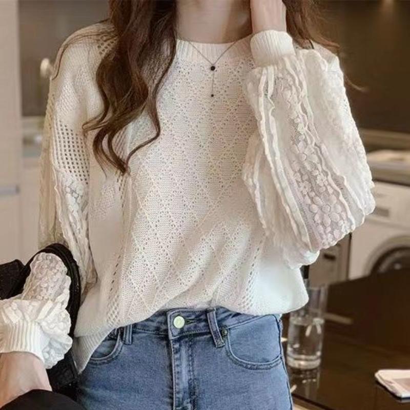 Knitwear Spring Autumn New Thin Loose Lace Patchwork Lazy Style Gentle Top Base Layer Knitwear Long Sleeve