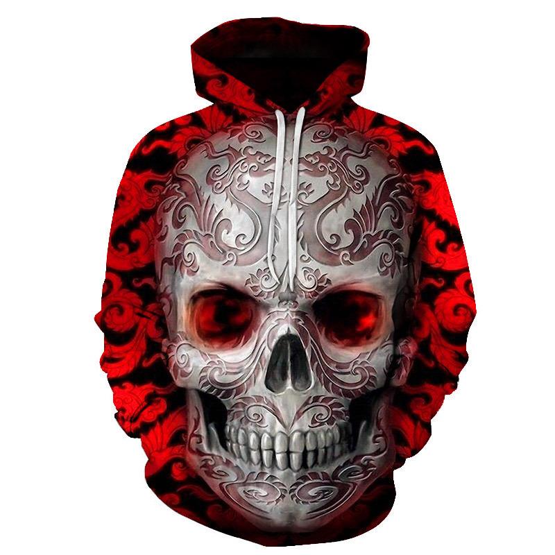 Blue Floral Skull Graphic Fleece Hoodie, Men's Thick Warm Autumn Winter Sweatshirt, Glowing Eye Bone Portrait Pullover for Gothic Street Styling