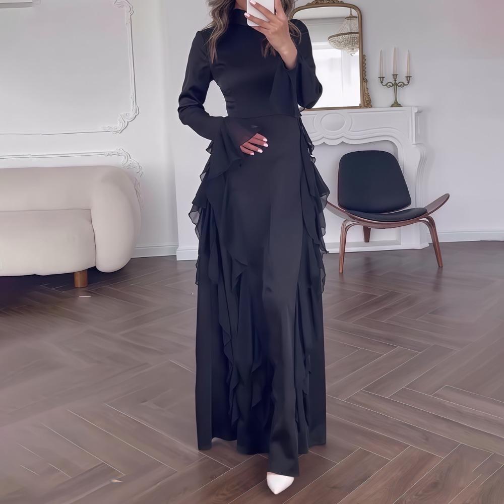 Women's Flare Sleeve Ruffle Dress Muslim Party Gowns Dubai Abaya Turkey Robe Elegant Female Robe Islamic Gown Autumn Fashion