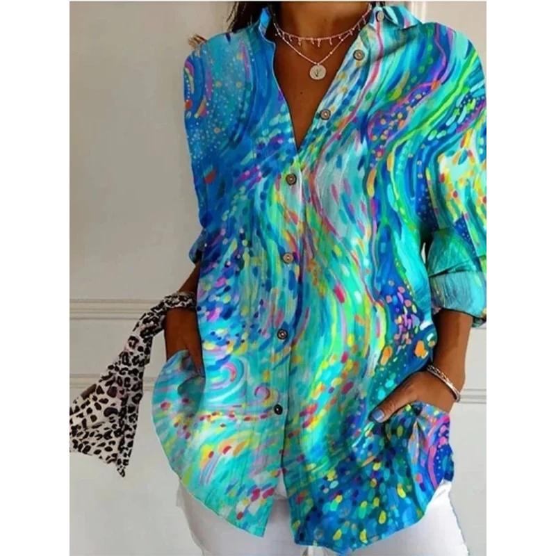 Women's Long-sleeved Lapel Button Shirt with Geometric Print, Retail Fashion, Retro Artistic Style.