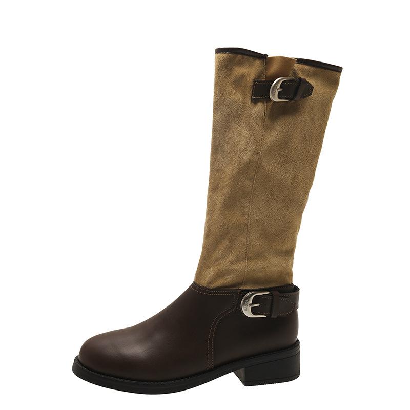 Британский стиль 2025 осень новые сапоги-казаки с пряжкой на ремне, круглый носок, толстый каблук, рукав, универсальные рыцарские сапоги