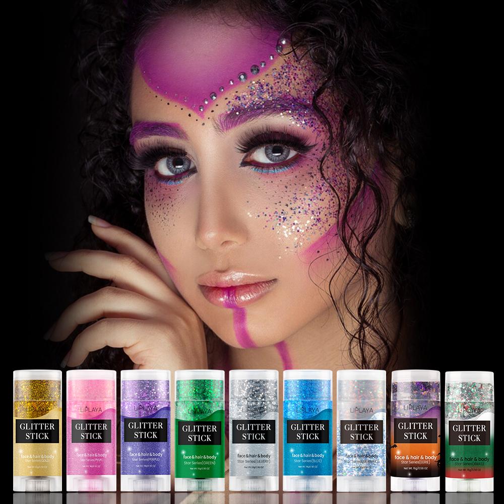 9 Colors Party Glitter Stick, Rotating Mermaid Face Glitter Stick, Rainbow Glitter for Face/Body/Hair/Eye, Washable Glitter-16g
