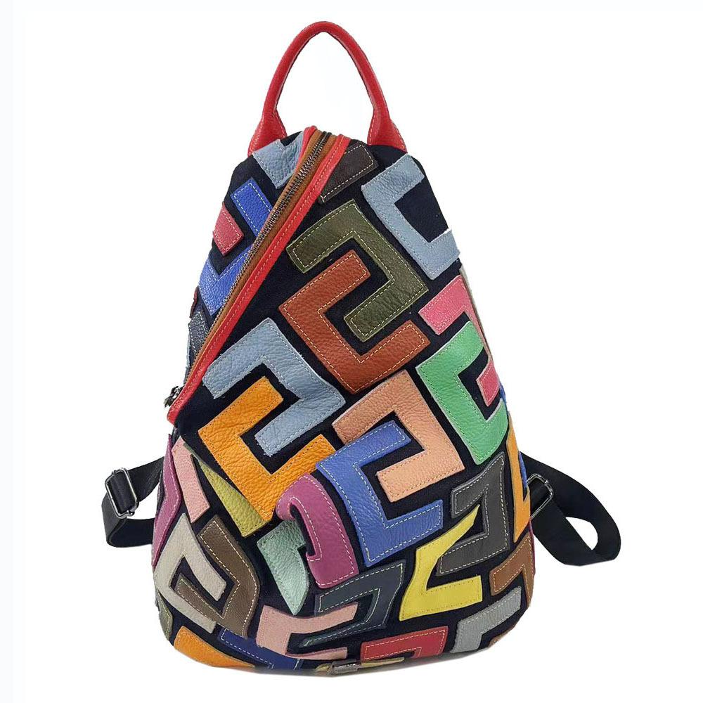 Рюкзак кожаный женский цветной коровья кожа сращивание рюкзак ретро повседневная женская сумка