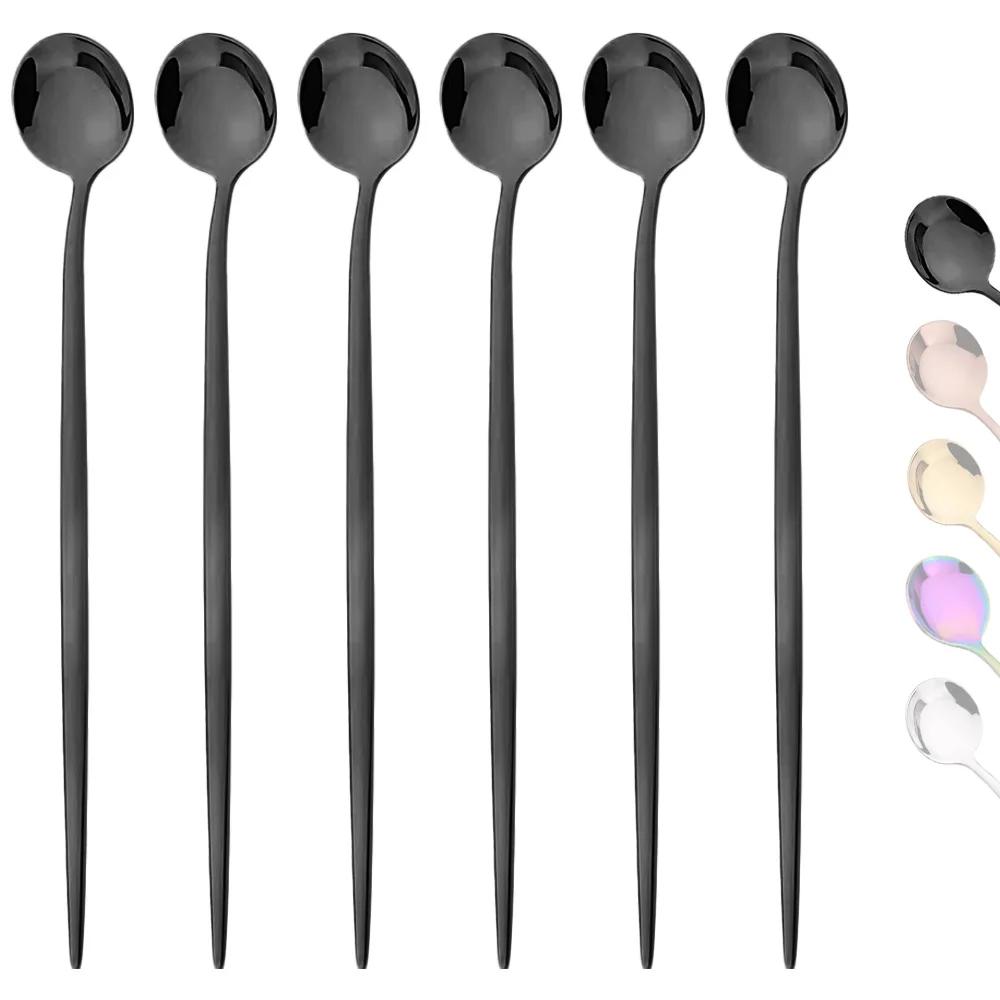 6 шт. Ложки для перемешивания кофе Набор столовых приборов Посуда Ложки для чая Сок Черное золото Посуда Ложка с длинной ручкой для мороженого Кухонные инструменты