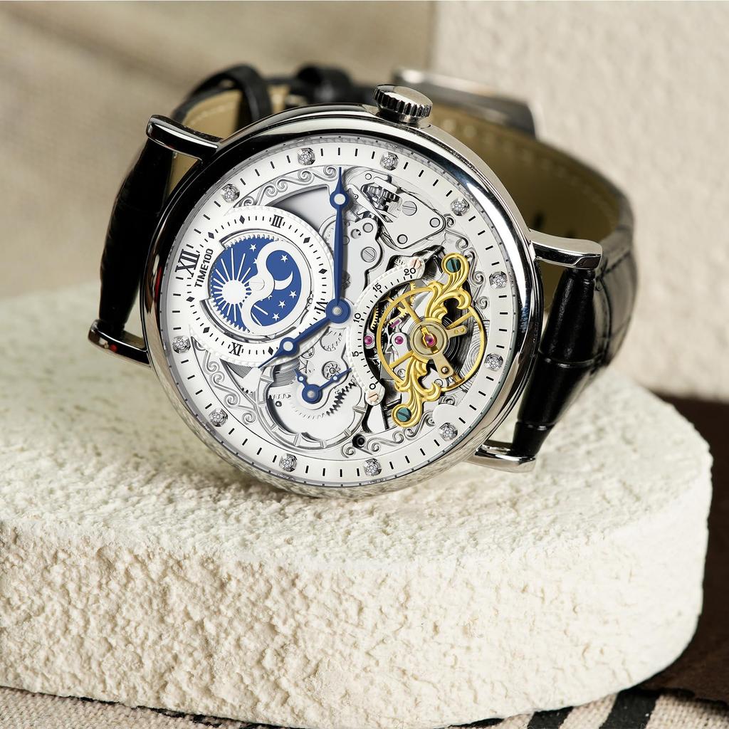 TIME100 роскошные автоматические часы скелетон механические из нержавеющей стали с ремешком из натуральной кожи водонепроницаемость 50 м мужские (Серебряный)